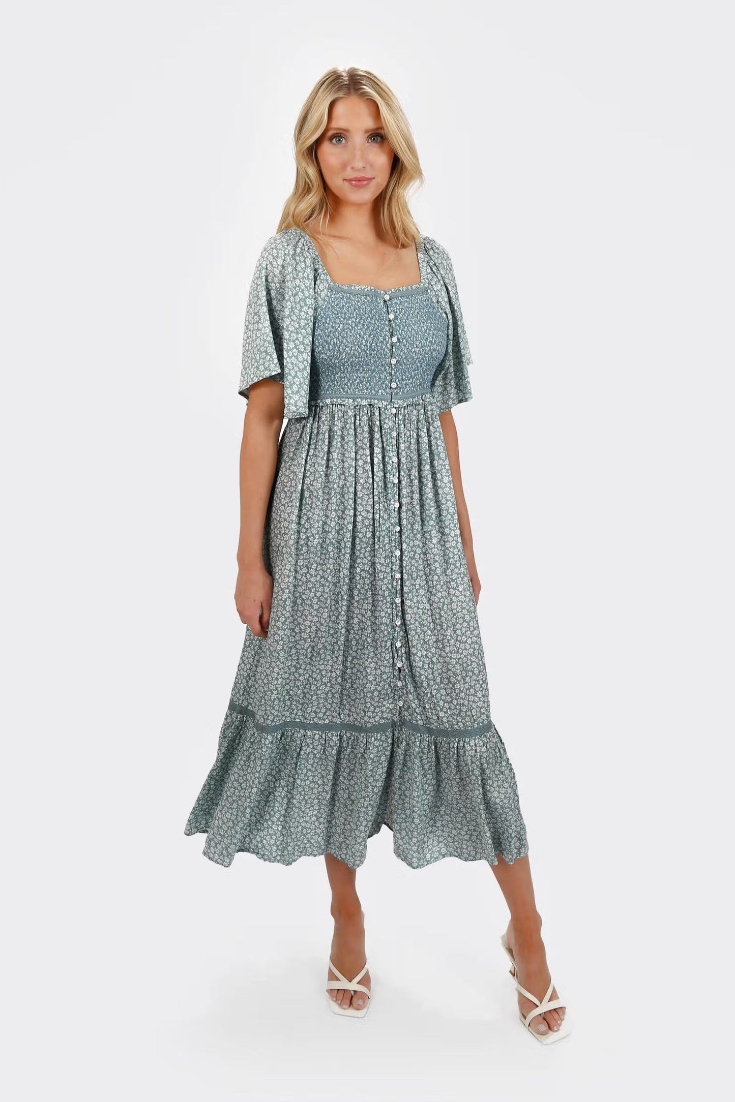Tobi Maeve Smocked Buttoned Midi Dress